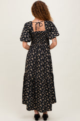 Black Floral Smocked Square Neck Short Puff Sleeve Midi Dress