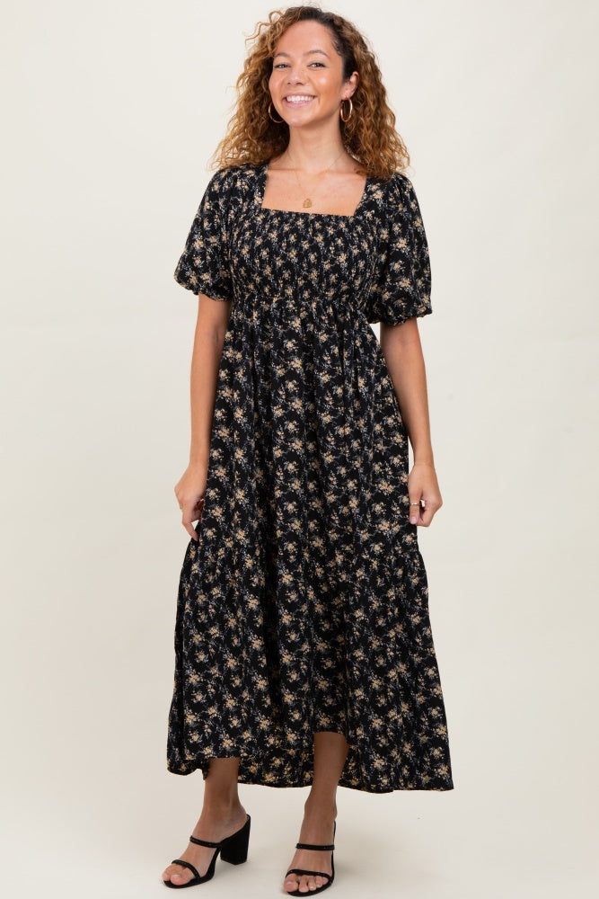 Black Floral Smocked Square Neck Short Puff Sleeve Maternity Midi Dress