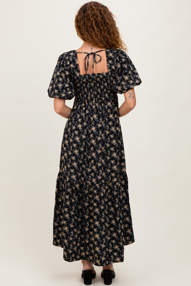 Black Floral Smocked Square Neck Short Puff Sleeve Midi Dress