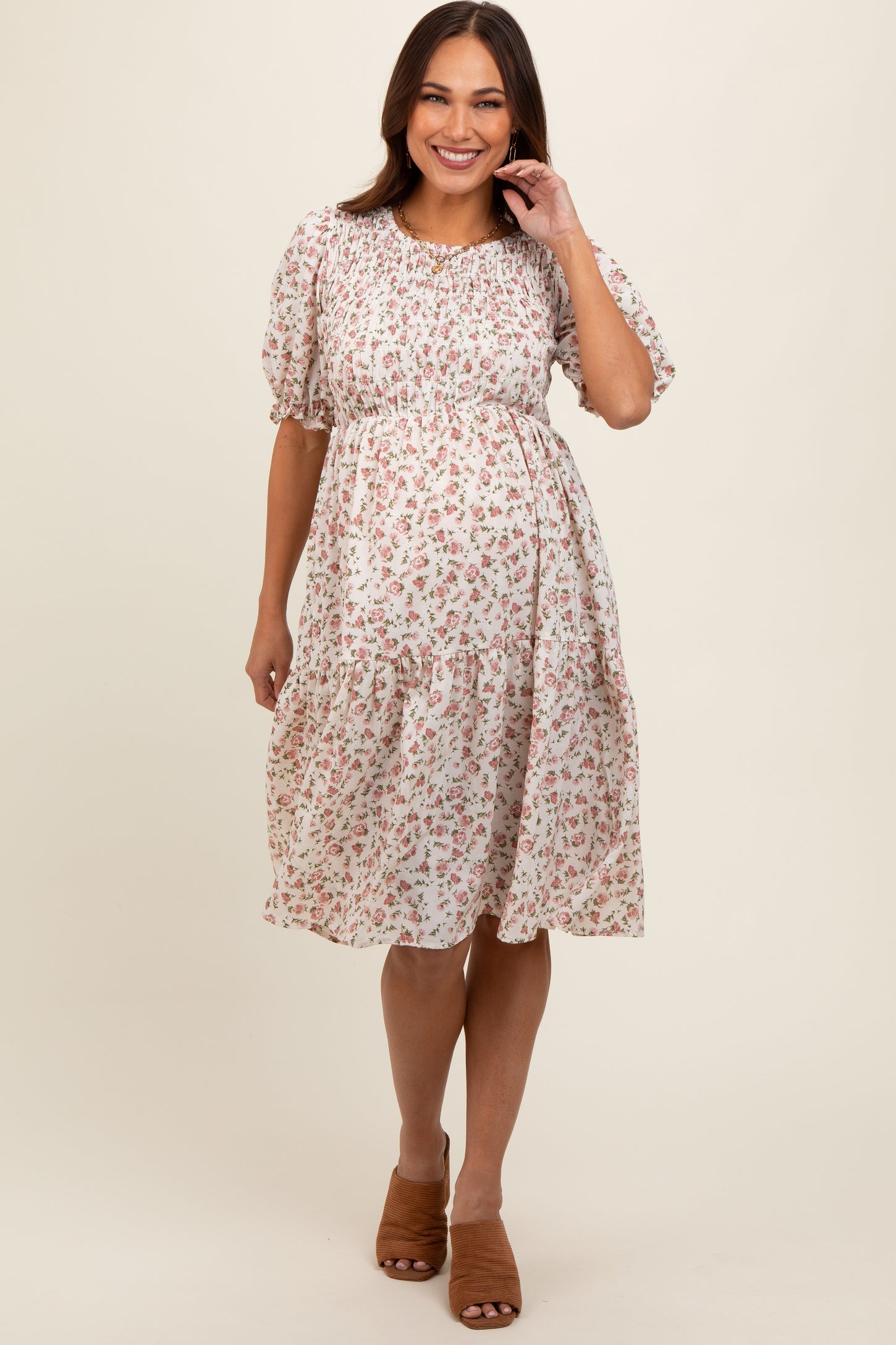 Cream Floral Smocked Maternity Midi Dress – PinkBlush