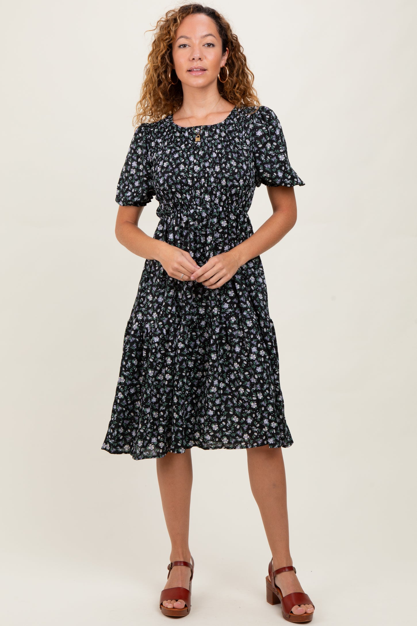 Black Floral Smocked Midi Dress