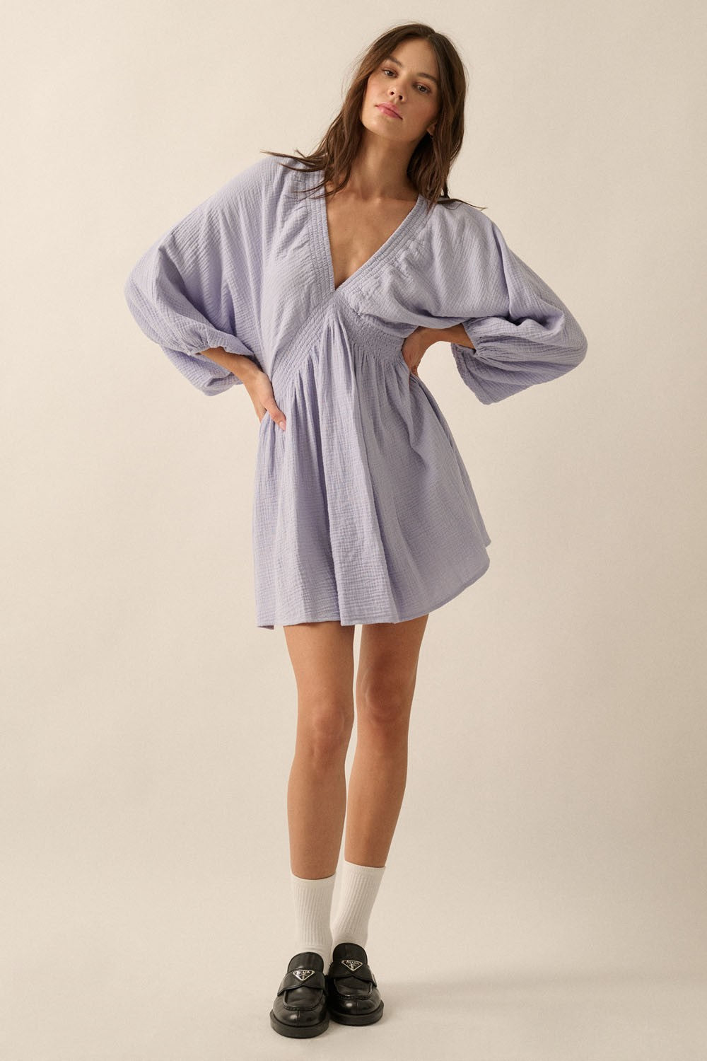 Violet Blue Crinkle Cotton V-Neck Dolman-Sleeve Mini Dress – PinkBlush