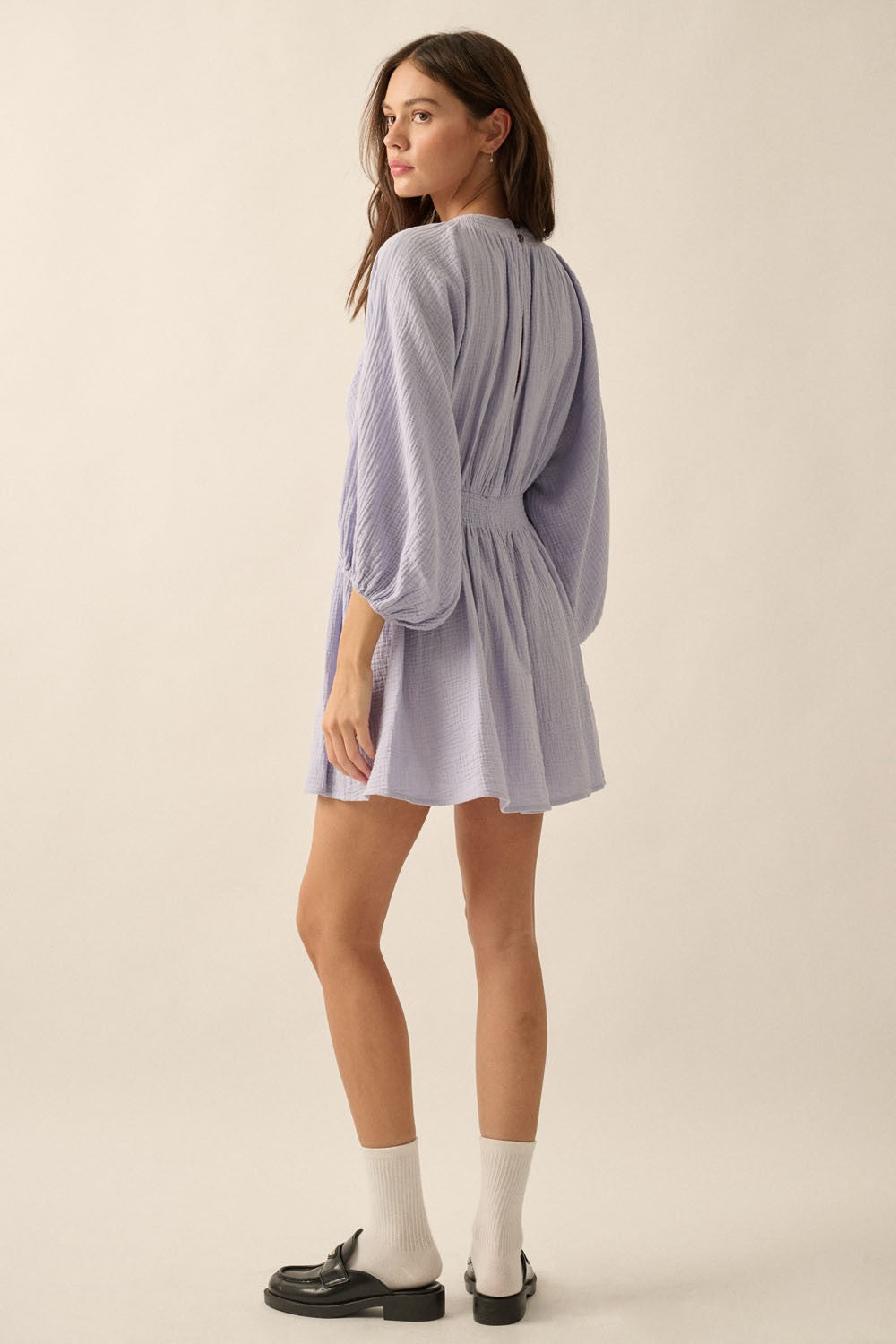 Violet Blue Crinkle Cotton V-Neck Dolman-Sleeve Mini Dress PinkBlush Violet Blue Crinkle Cotton V-Neck Dolman-Sleeve Mini Dress PinkBlush