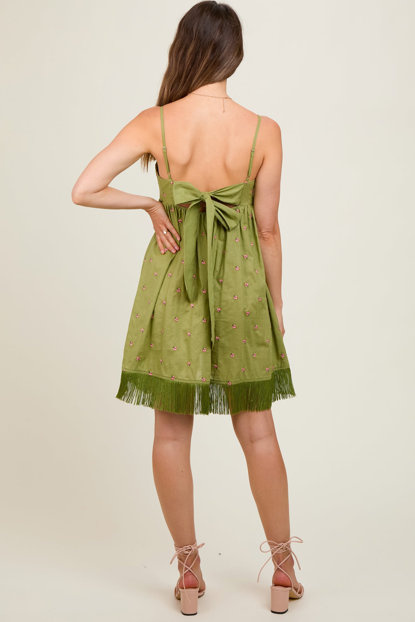 Green Floral Embroidered Back Cutout Tassel Fringe Maternity Dress PinkBlush Green Floral Embroidered Back Cutout Tassel Fringe Maternity Dress PinkBlush