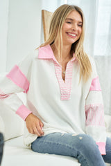 Pink Colorblock Stripe Collared Sweater