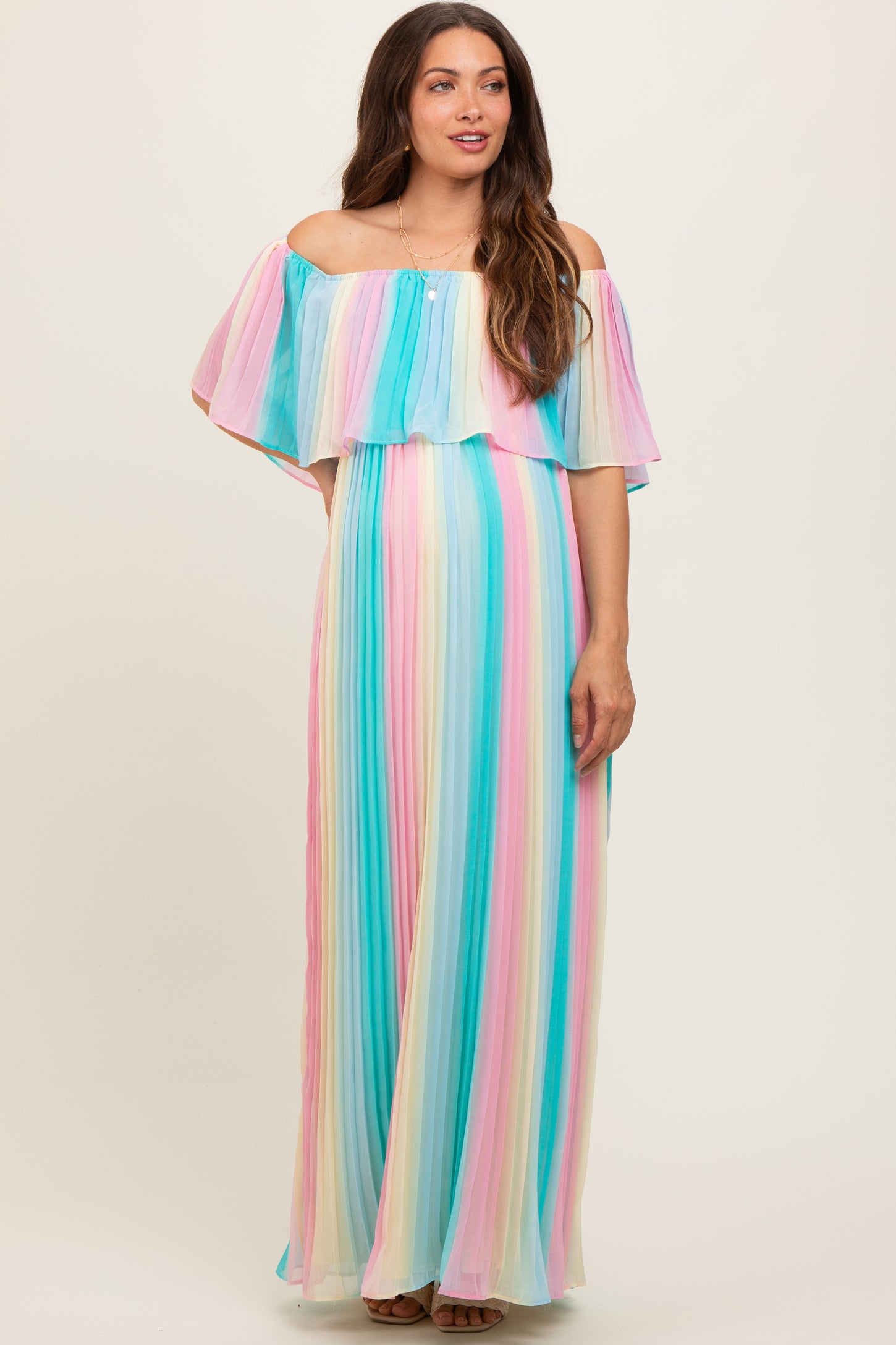 Multicolor Pleated Off Shoulder Maternity Maxi Dress PinkBlush Multicolor Pleated Off Shoulder Maternity Maxi Dress PinkBlush