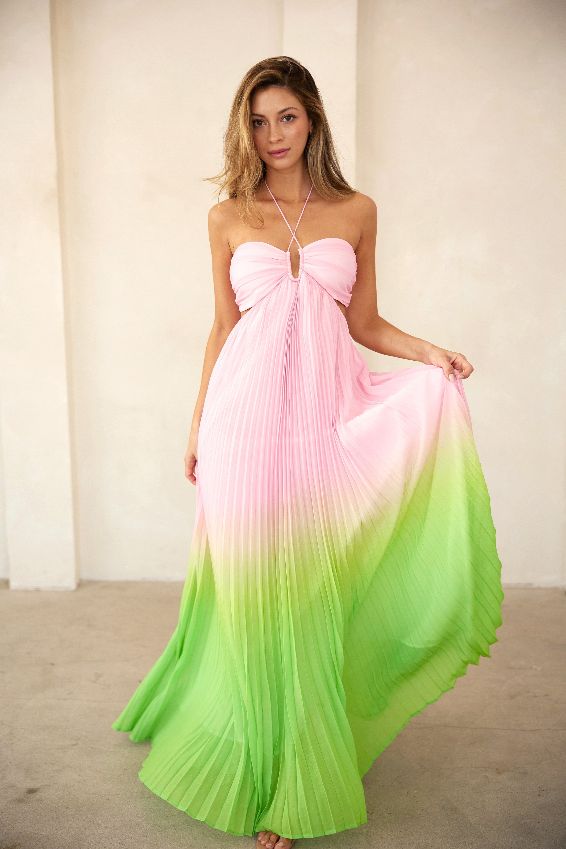 Light Pink Ombre Pleated Halter Cutout Maxi Dress – PinkBlush