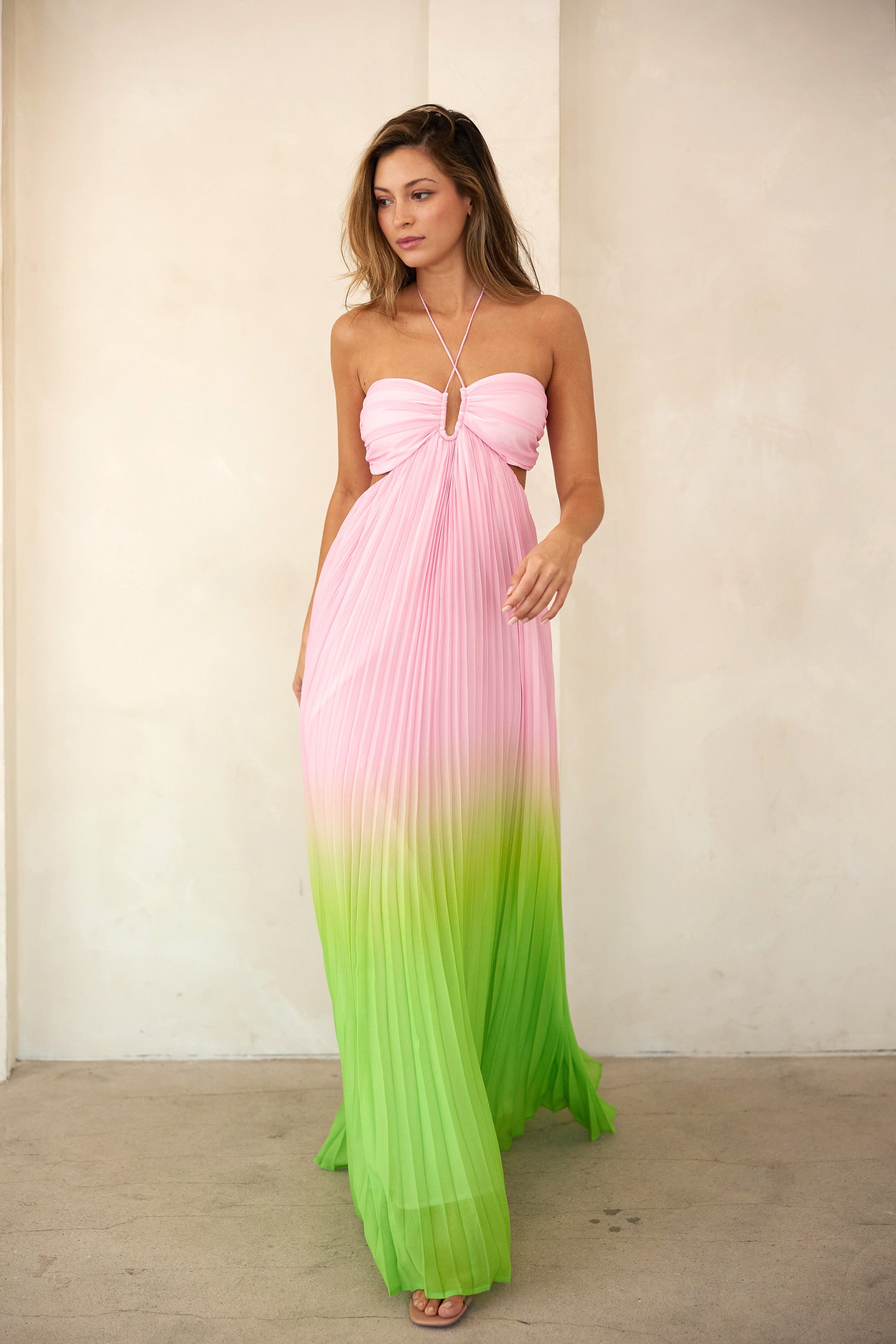 pink ombre maxi dress Light Pleated Halter Cutout elegant pants catching metallic gold thread Size:XL / 10-12 Buy Yumi Purple Pleated