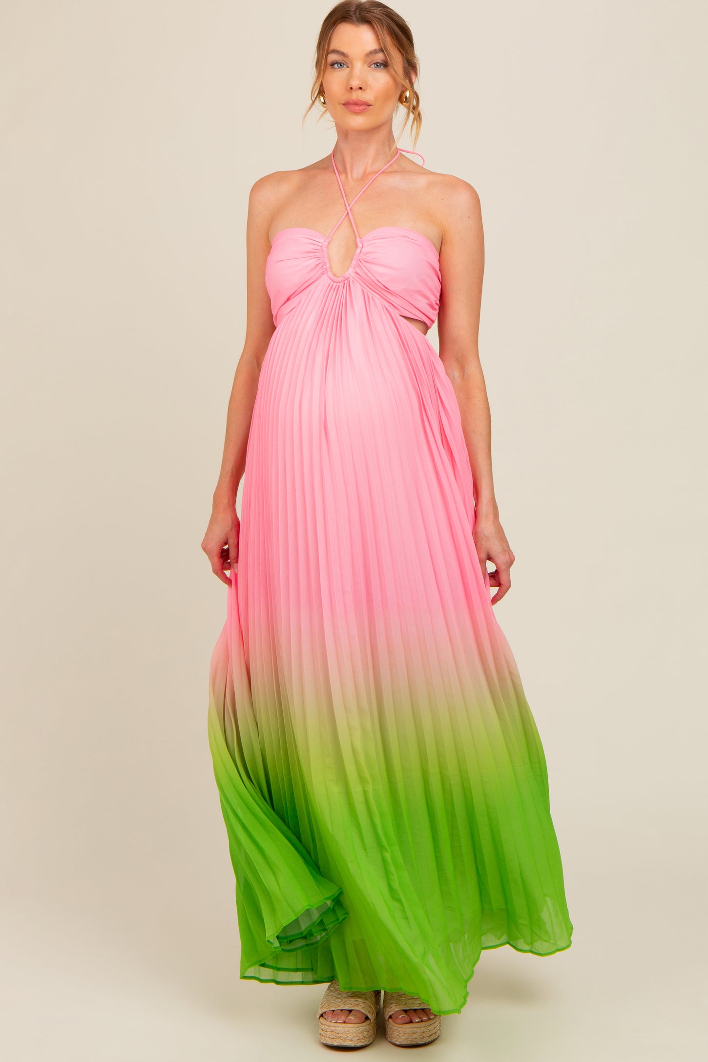 pink ombre maternity dress Fashion Deep V-neck Maternity Dress Colorful Photoshoot Gown