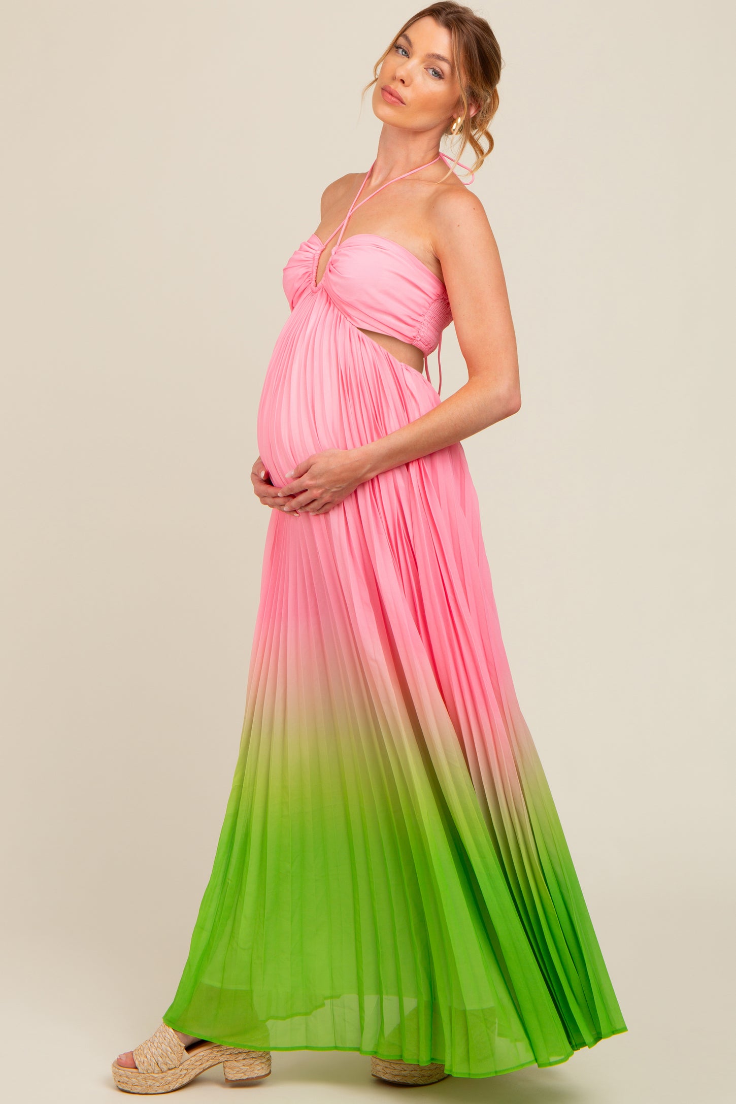 Light Pink Ombre Pleated Halter Cutout Maternity Maxi Dress PinkBlush Light Pink Ombre Pleated Halter Cutout Maternity Maxi Dress PinkBlush