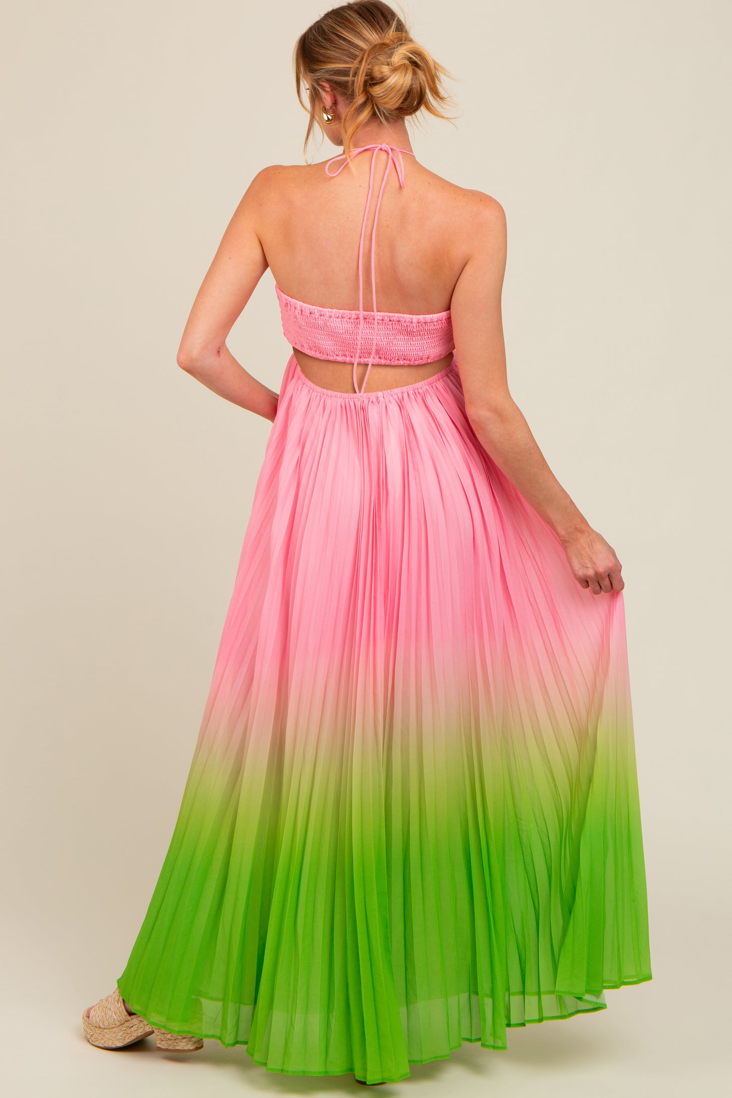 Light Pink Ombre Pleated Halter Cutout Maternity Maxi Dress PinkBlush Light Pink Ombre Pleated Halter Cutout Maternity Maxi Dress PinkBlush
