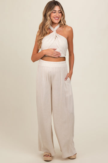 Beige Linen Smocked Top and Pants Maternity Set