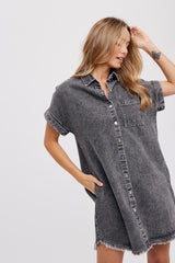 Black Acid Wash Denim Button Up Dress