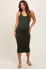 Olive Rib Knit Sleeveless Maternity Midi Dress