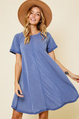 Blue Solid T-shirt Mini Dress