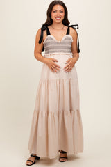 Beige Sweetheart Neck Smocked Embroidered Ribbon Shoulder Tie Maternity Midi Dress