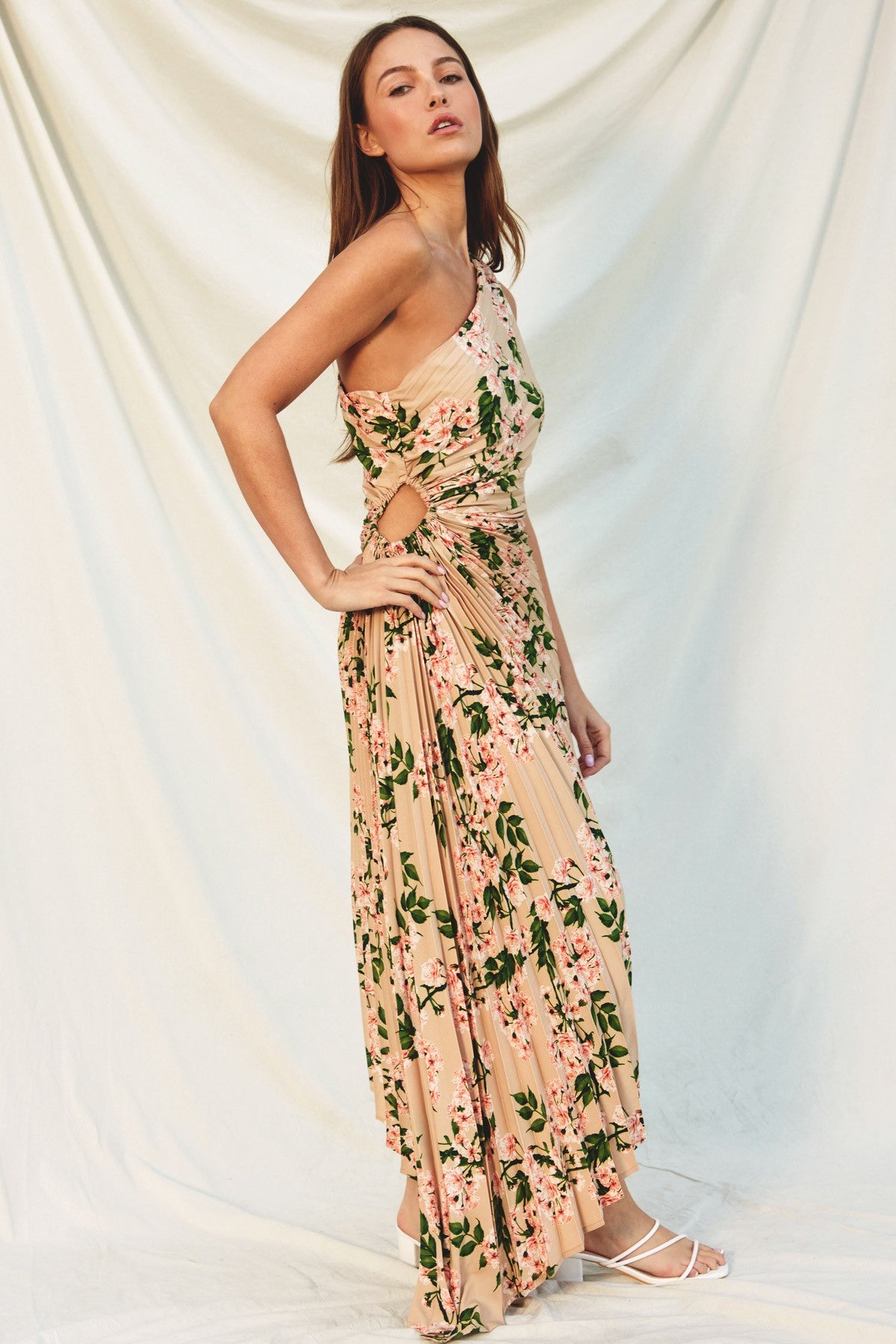 Taupe Floral One Shoulder Pleated Asymmetrical Maxi Dress PinkBlush Taupe Floral One Shoulder Pleated Asymmetrical Maxi Dress PinkBlush
