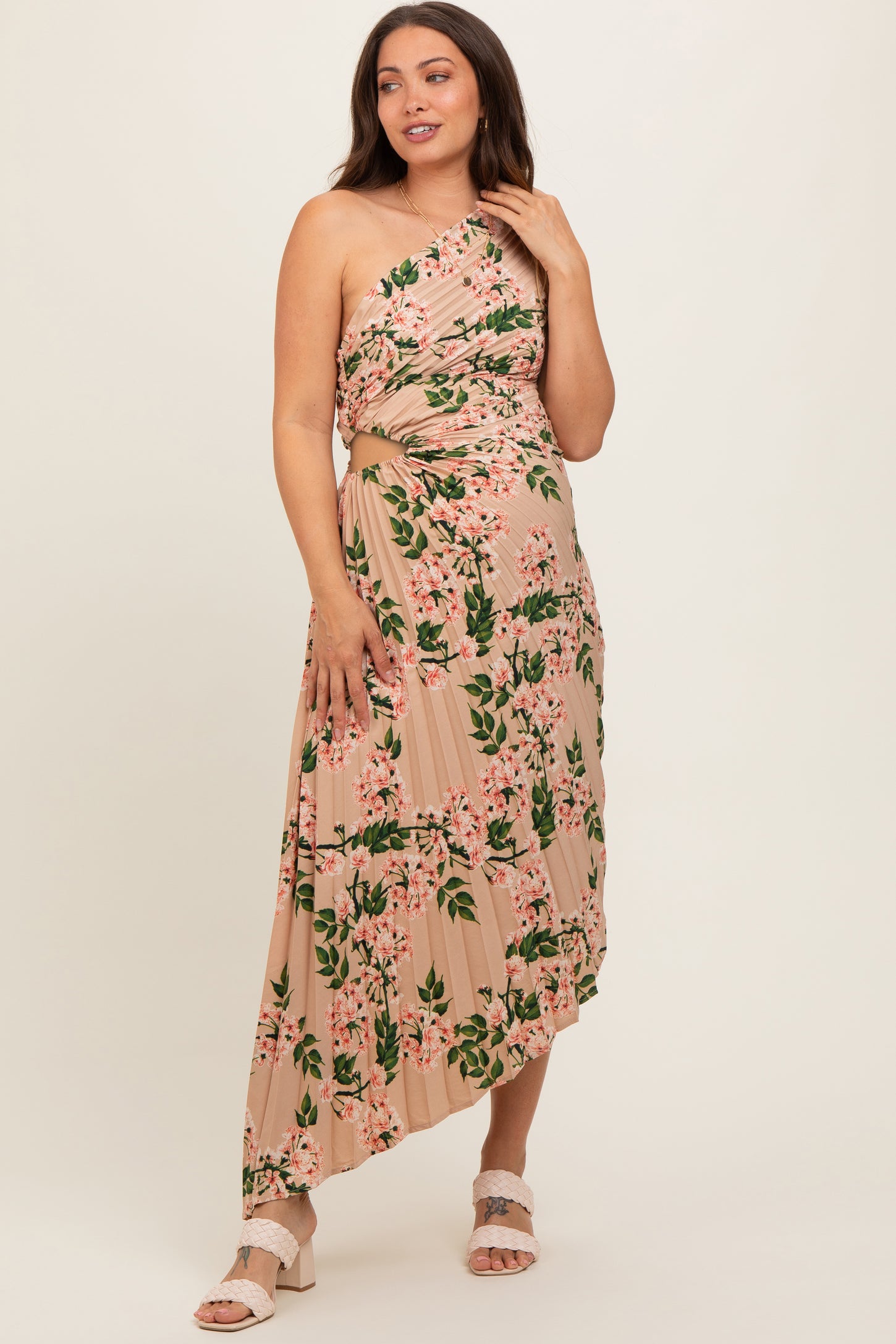 one shoulder pleated dress plus size Zapaka Women Plus Size Sheath Long Formal Dress Light Khaki One Shoulder Pleated Satin Evening Dress, Light Khaki / US20W