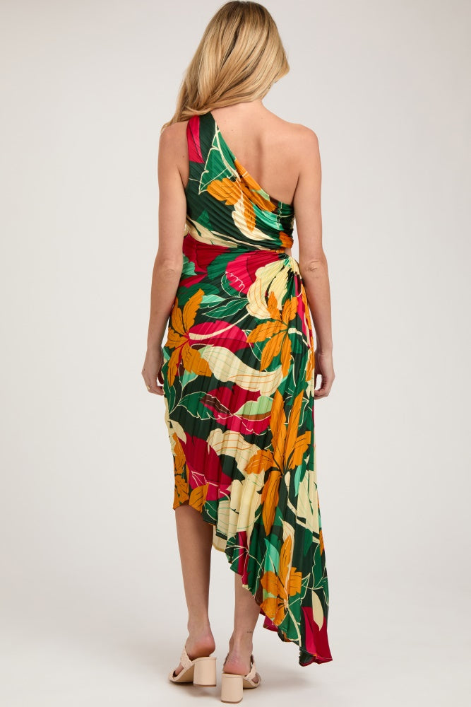 Multi-Color Floral Pleated Satin One Shoulder Asymmetrical Maternity Midi Dress Multi-Color Floral Pleated Satin One Shoulder Asymmetrical Maternity Midi Dress