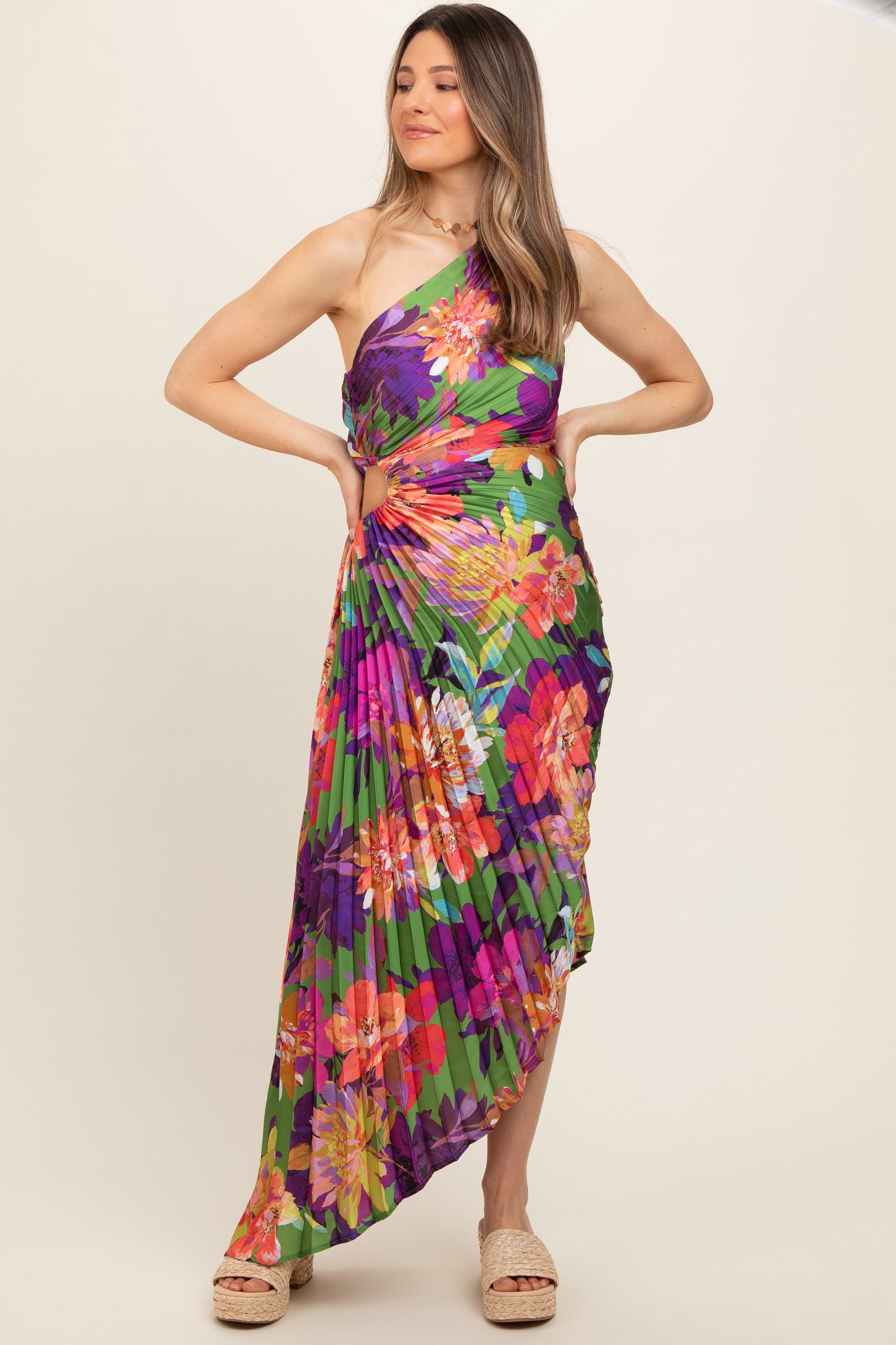 Multi Color Floral One Shoulder Midi Maternity Dress Multi Color Floral One Shoulder Midi Maternity Dress