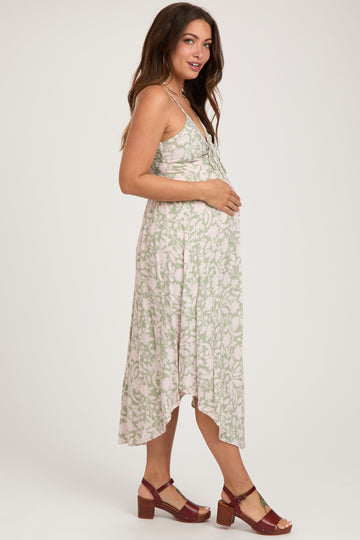 Light Olive Floral Front Tie V-Neck Maternity Midi Dress