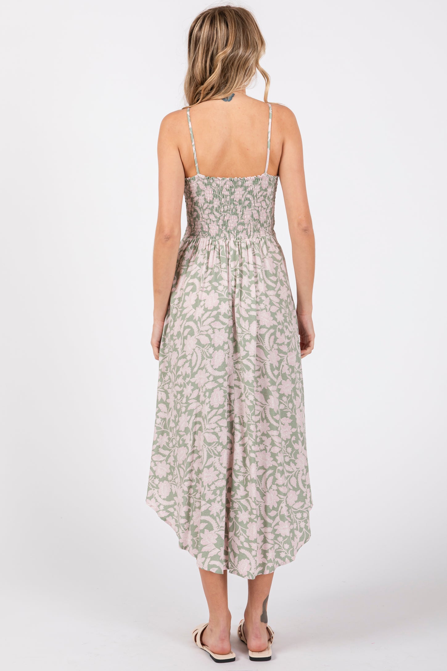 Light Olive Floral Front Tie V-Neck Midi Dress