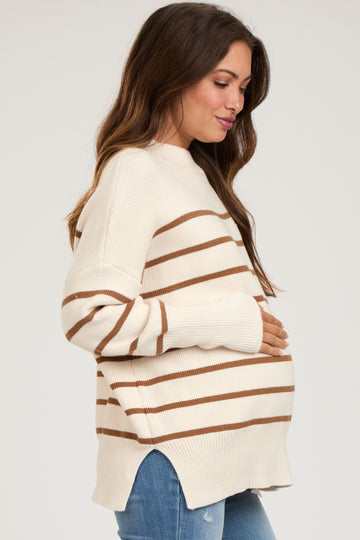 Beige Striped Drop Shoulder Maternity Sweater