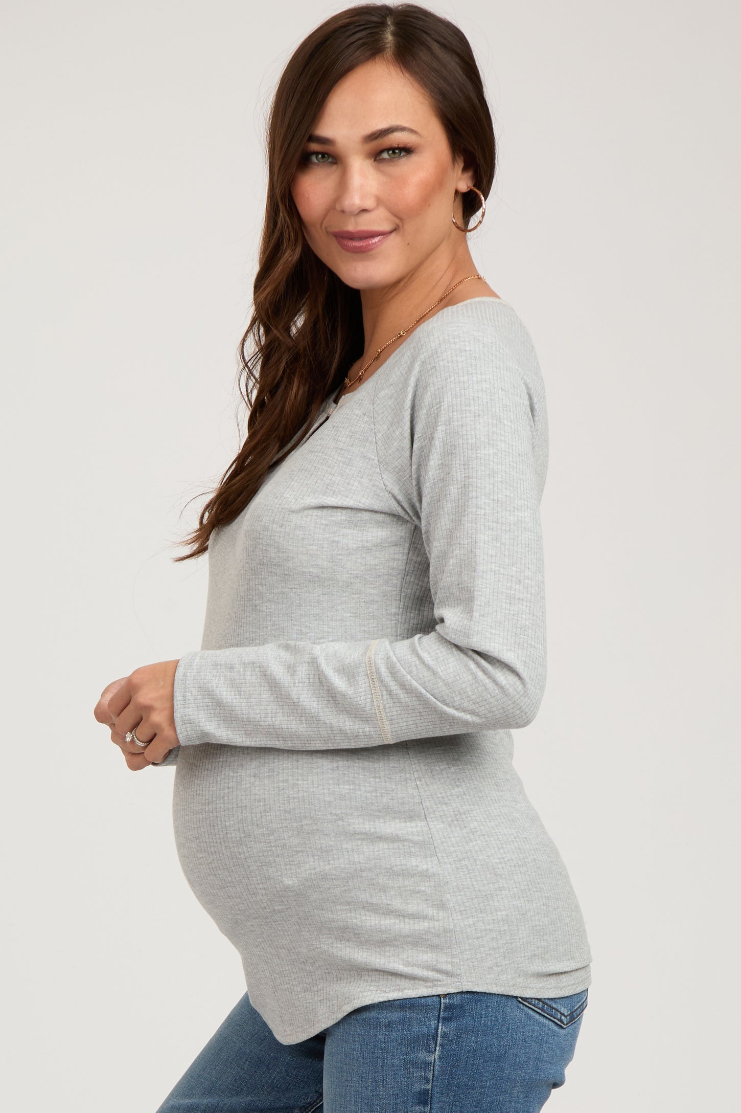 Heather Grey V-Neck Maternity Long Sleeve Shirt