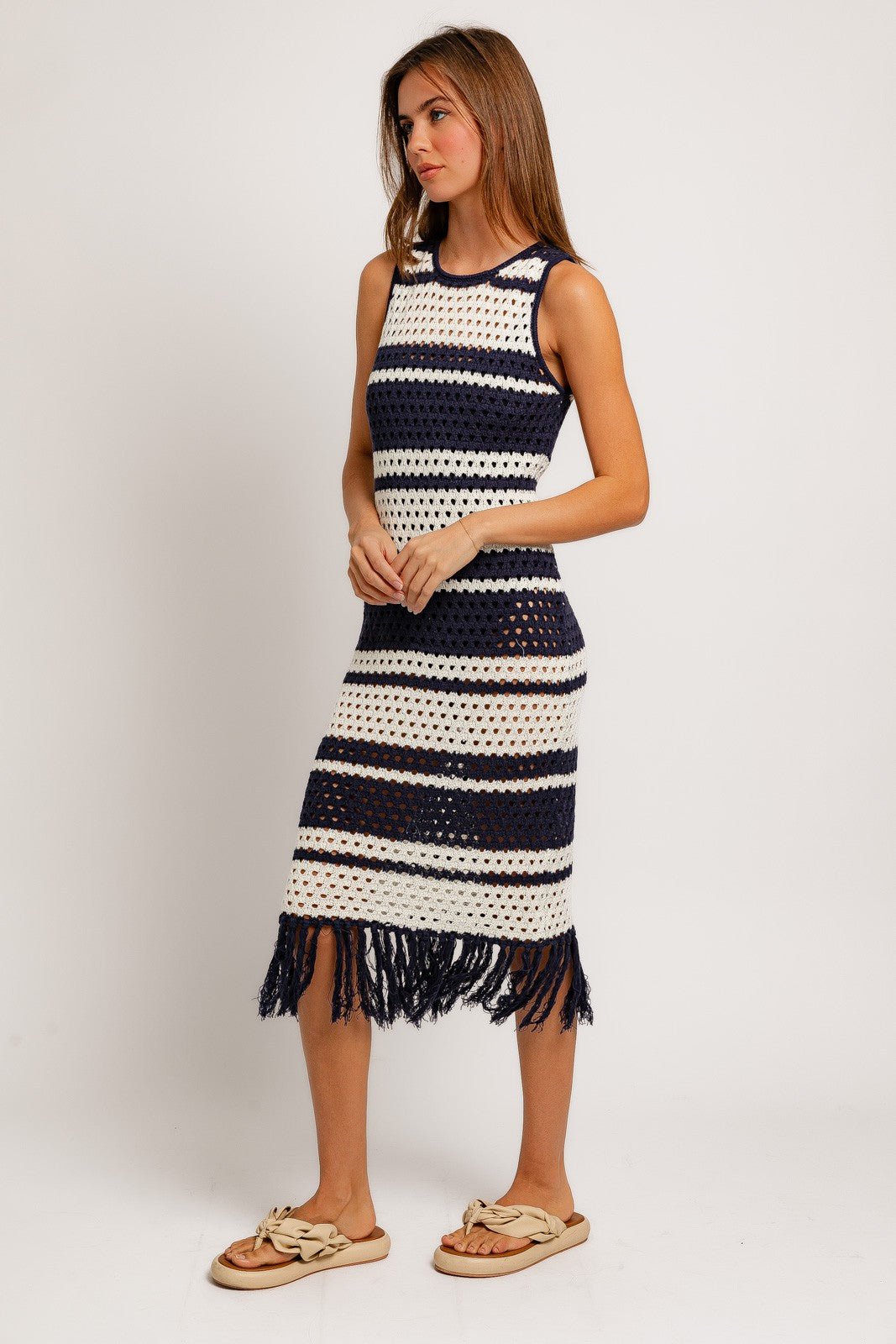 Navy Striped Crochet Fringe Coverup Dress PinkBlush Navy Striped Crochet Fringe Coverup Dress PinkBlush