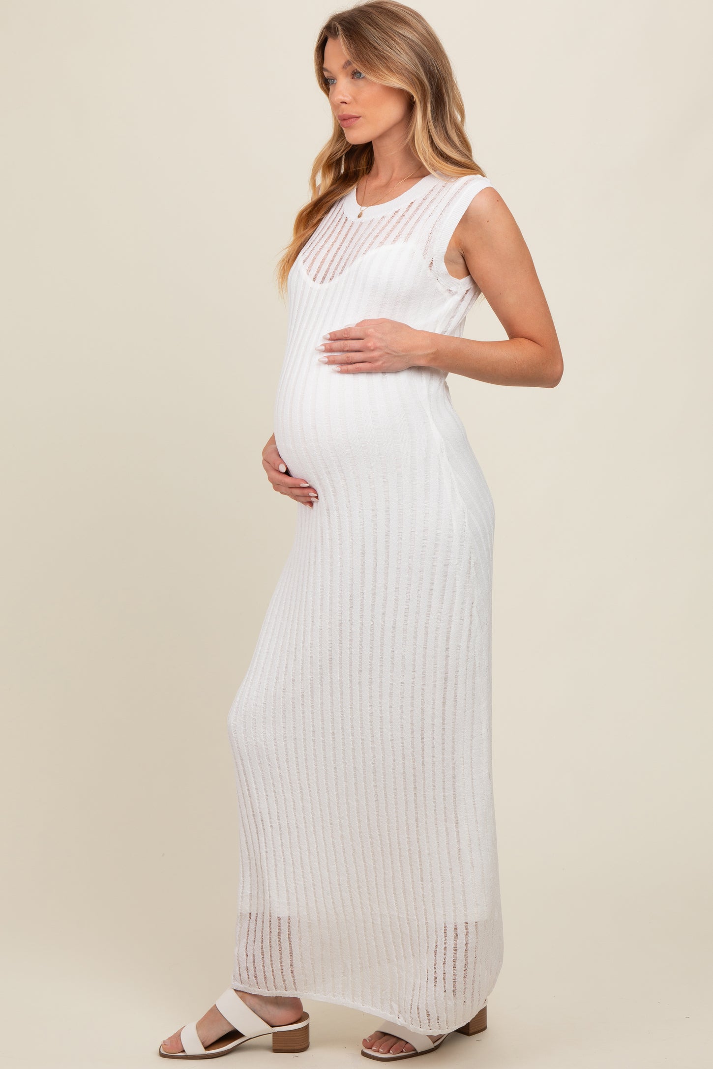 White Sheer Knit Layered Maternity Maxi Dress PinkBlush White Sheer Knit Layered Maternity Maxi Dress PinkBlush