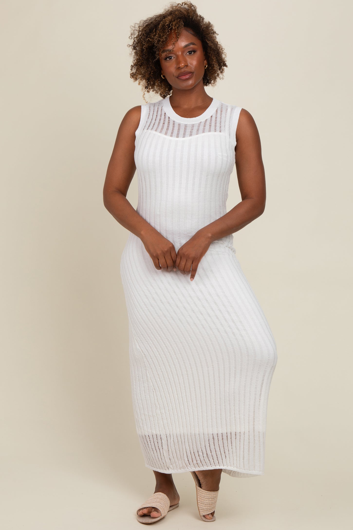 White Sheer Knit Layered Maternity Maxi Dress PinkBlush White Sheer Knit Layered Maternity Maxi Dress PinkBlush