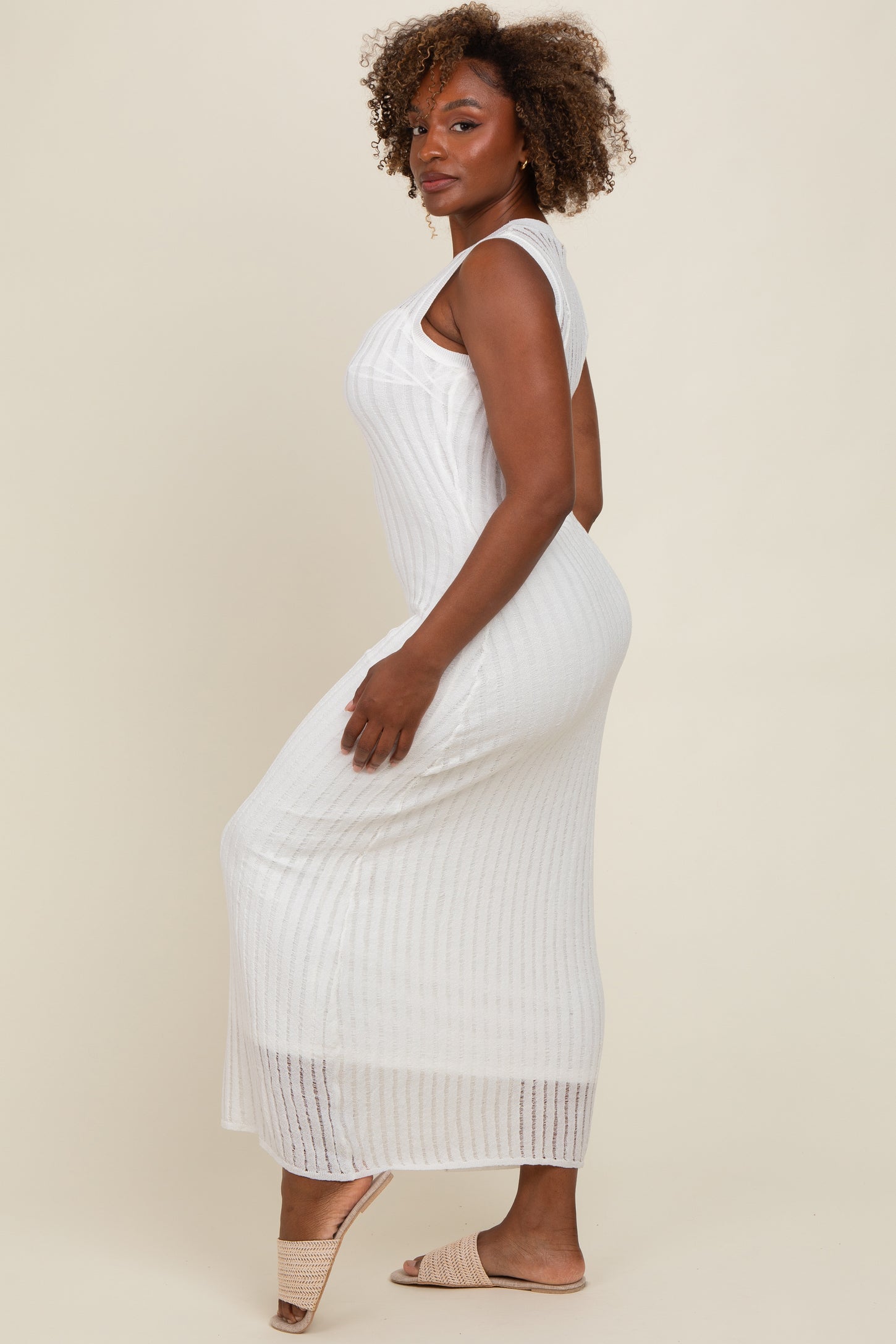 White Sheer Knit Layered Maxi Dress PinkBlush White Sheer Knit Layered Maxi Dress PinkBlush