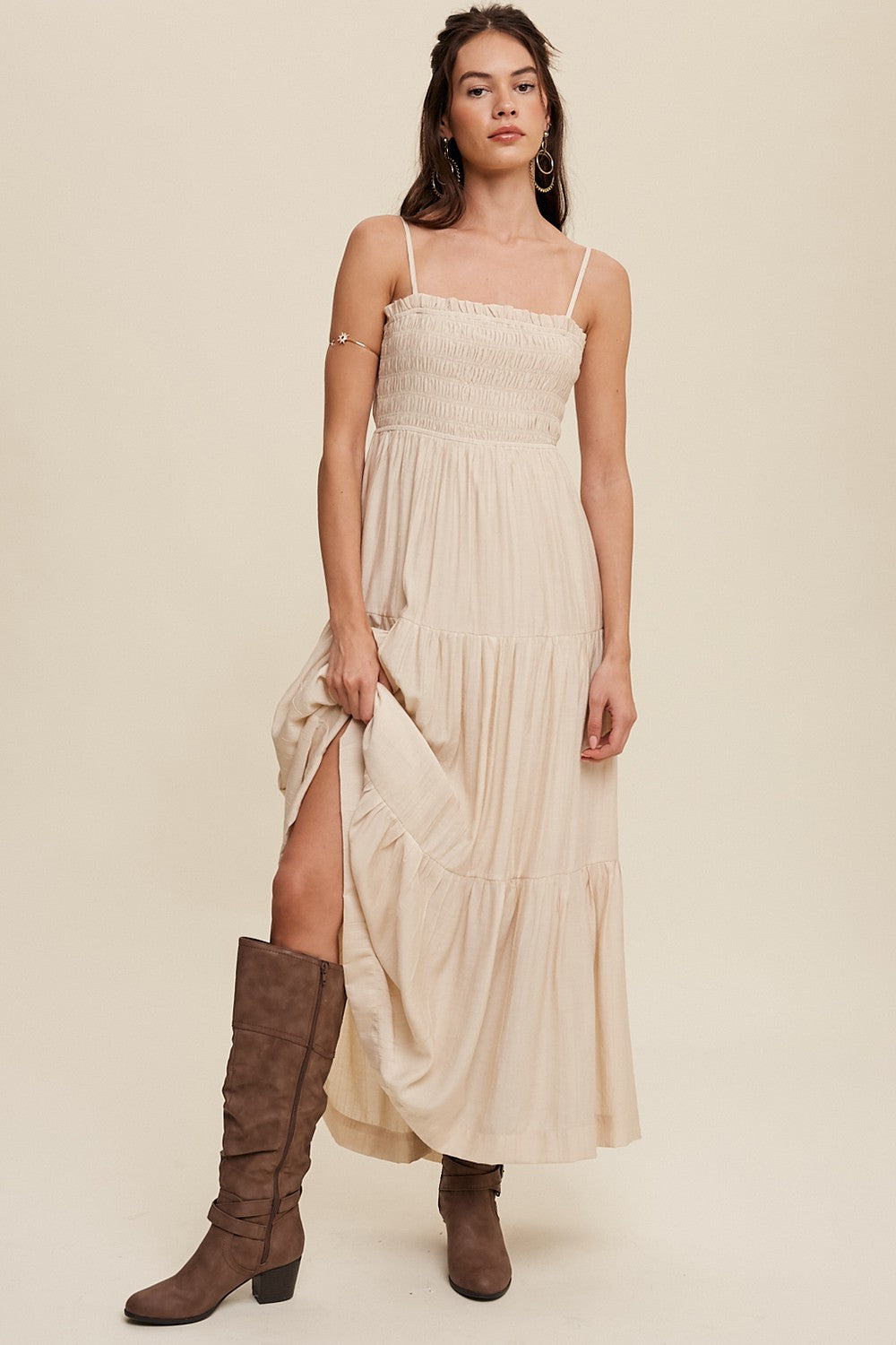 Beige Smocked Square Neck Back Cutout Tiered Maternity Midi Dress