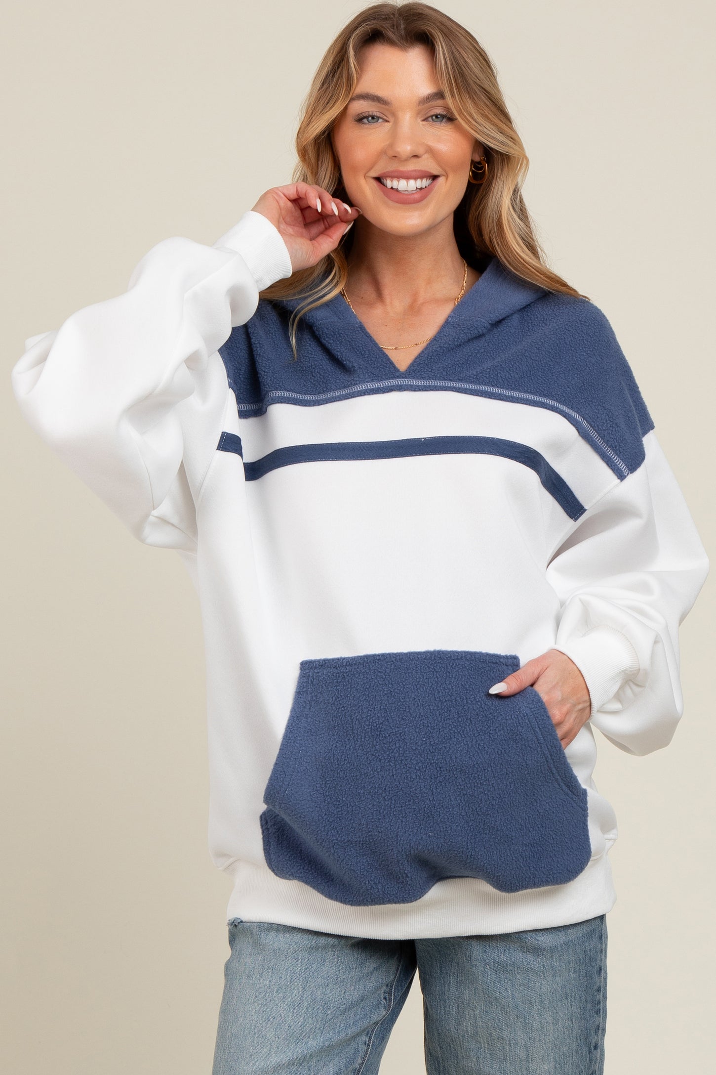 White Colorblock Front Pocket Maternity Hoodie