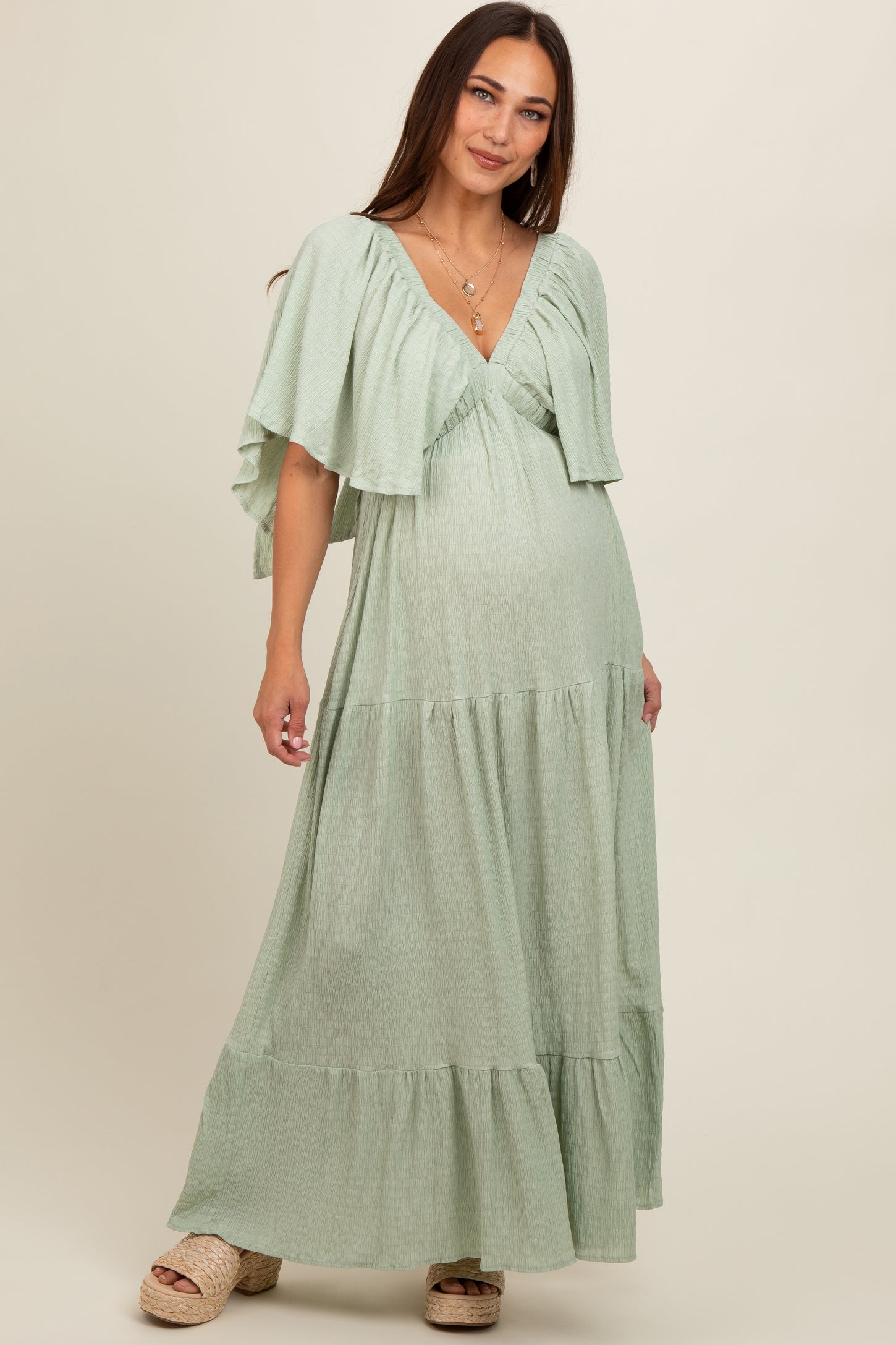 Light Olive Flounce Sleeve Tiered Maternity Dress – PinkBlush Light Olive Flounce Sleeve Tiered Maternity Dress – PinkBlush
