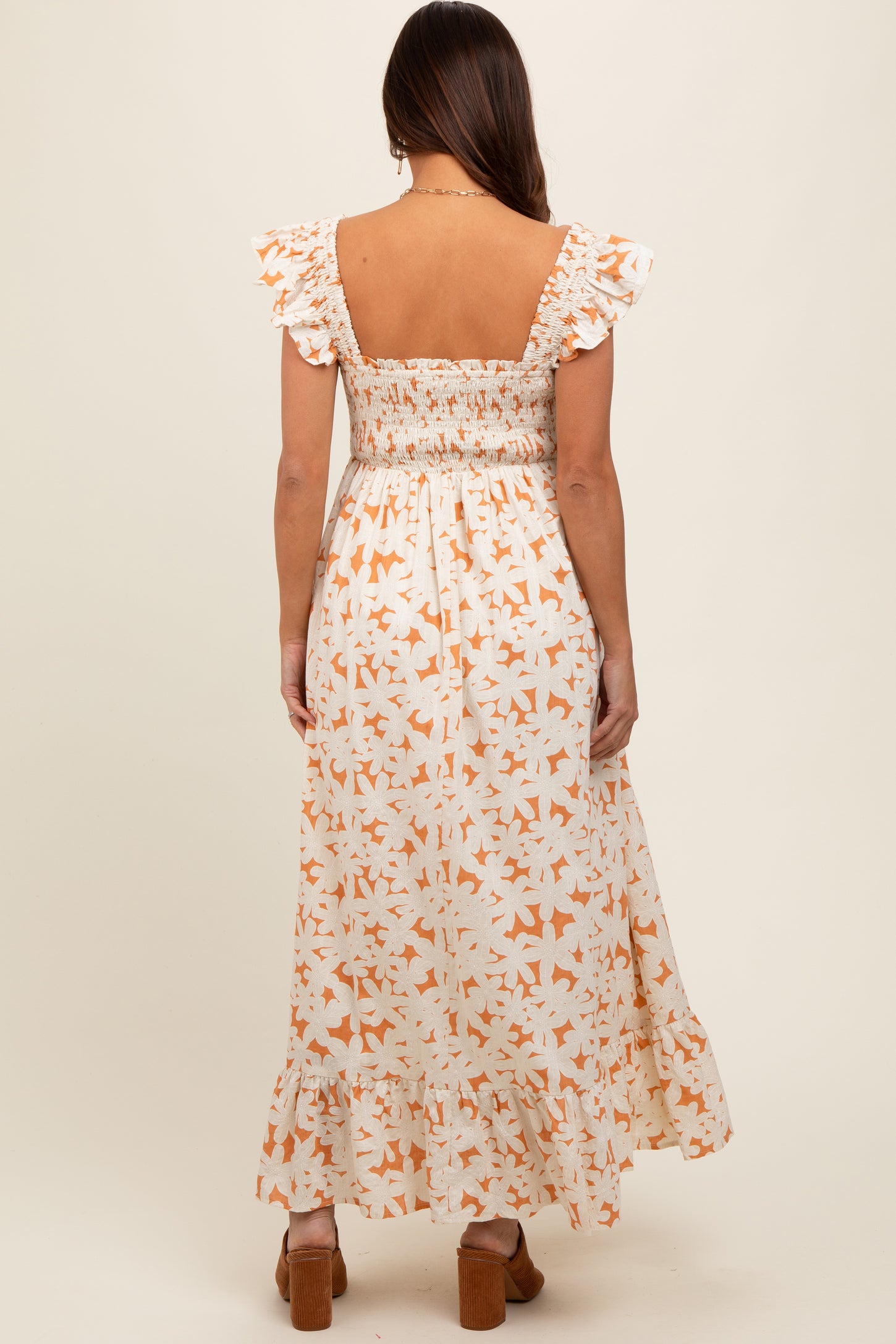 Rust Floral Print Smocked Ruffle Sleeve Maternity Maxi Dress