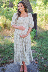 Light Olive Smocked Handkerchief Hem Maternity Dress