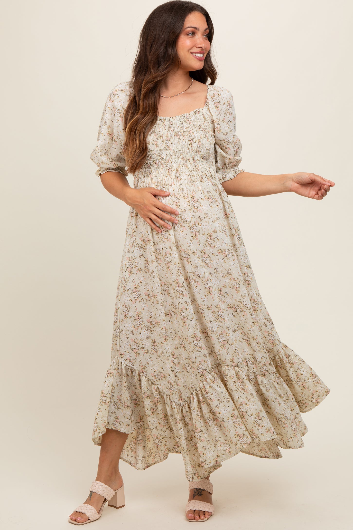Light Olive Smocked Handkerchief Hem Maternity Dress – PinkBlush