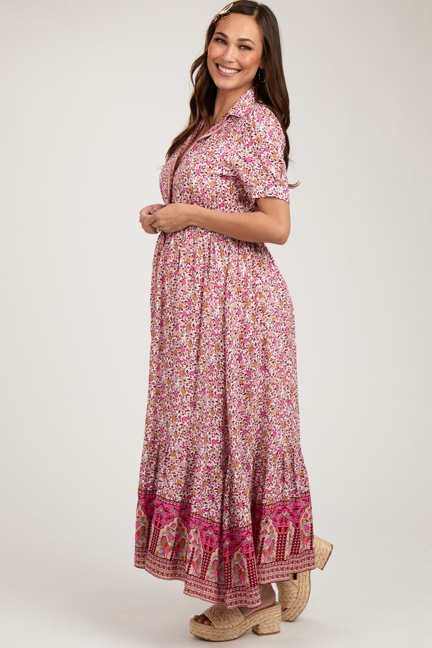 Pink Floral Button Up Maternity Midi Dress