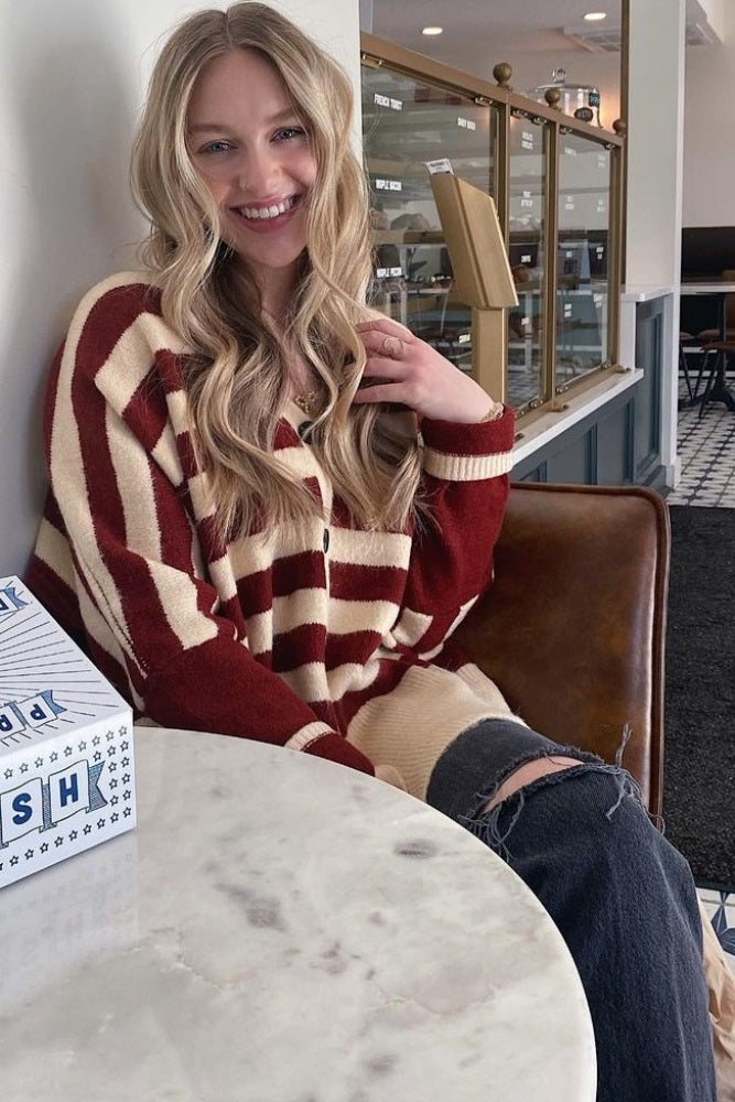 Cream Maroon Striped Sweater Cardigan