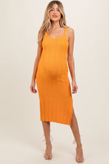 Orange Rib Knit Side Slit Maternity Maxi Dress
