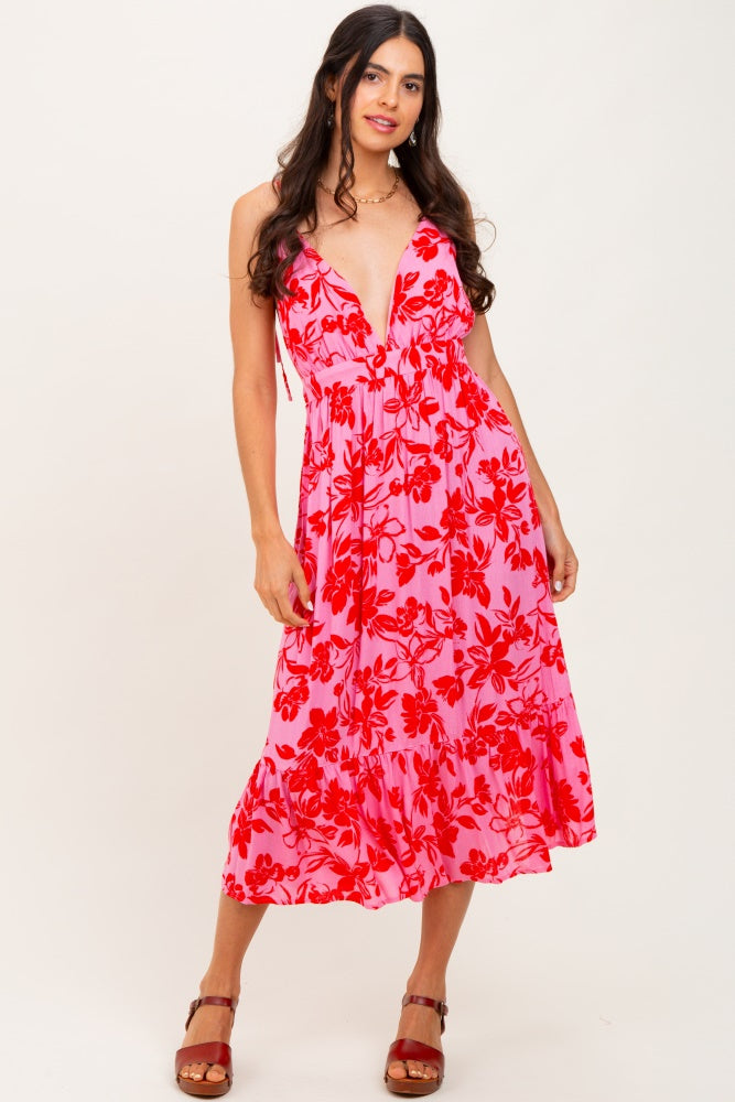 Pink Floral Print Halter Dress