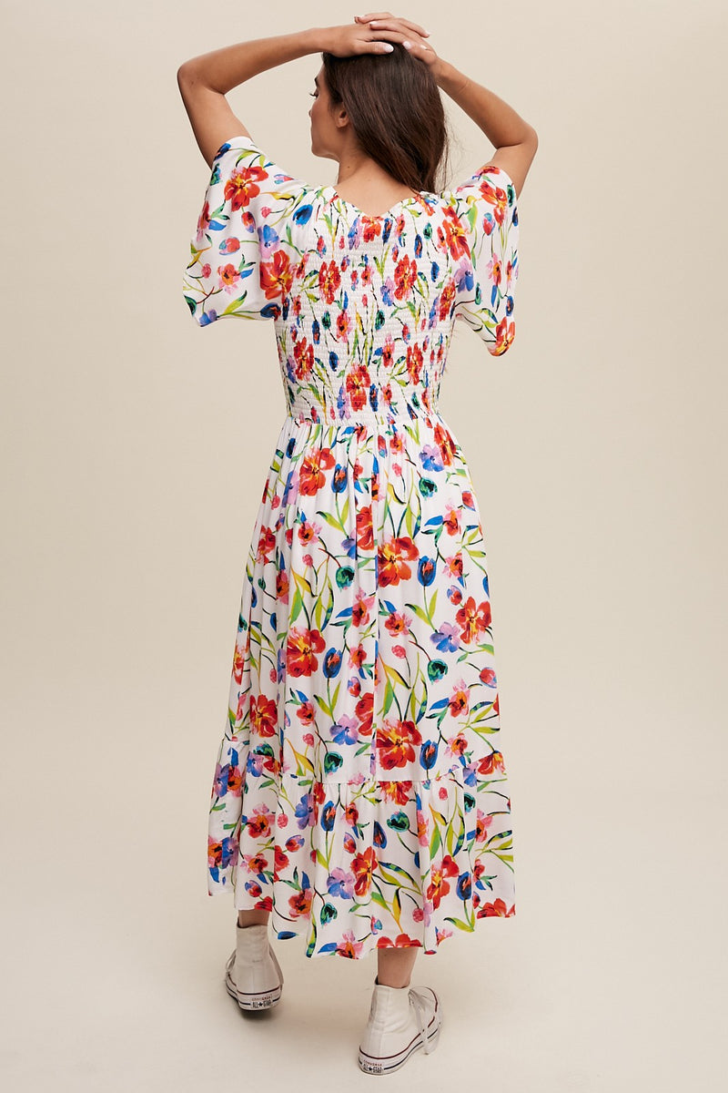 Ivory Floral Flutter Sleeve Smocked Midi Dress – PinkBlush