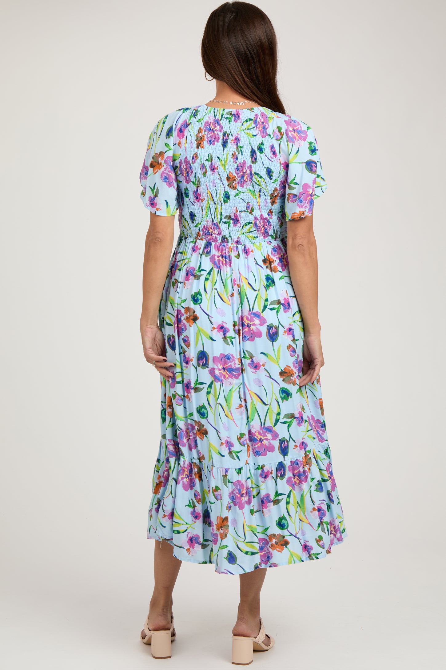 Light Blue Floral Flutter Sleeve Smocked Maternity Midi Dress Light Blue Floral Flutter Sleeve Smocked Maternity Midi Dress