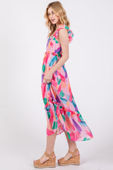 Pink Watercolor Print Ruffle Accent Midi Dress
