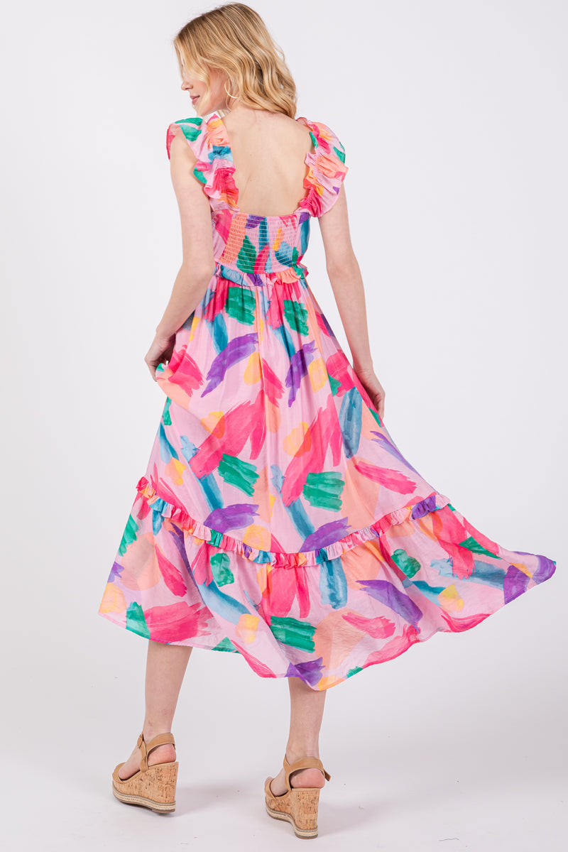 Pink Watercolor Print Ruffle Accent Midi Dress – PinkBlush