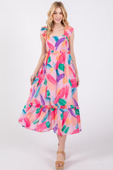 Pink Watercolor Print Ruffle Accent Midi Dress