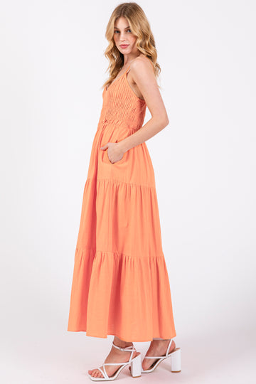 Orange Smocked V-Neck Sleeveless Tiered Midi Dress