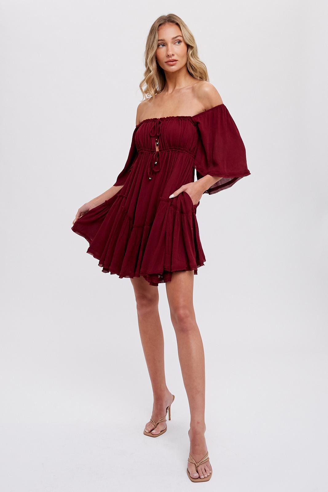 Burgundy Ruffle Hem Ruched Mini Dress PinkBlush Burgundy Ruffle Hem Ruched Mini Dress PinkBlush