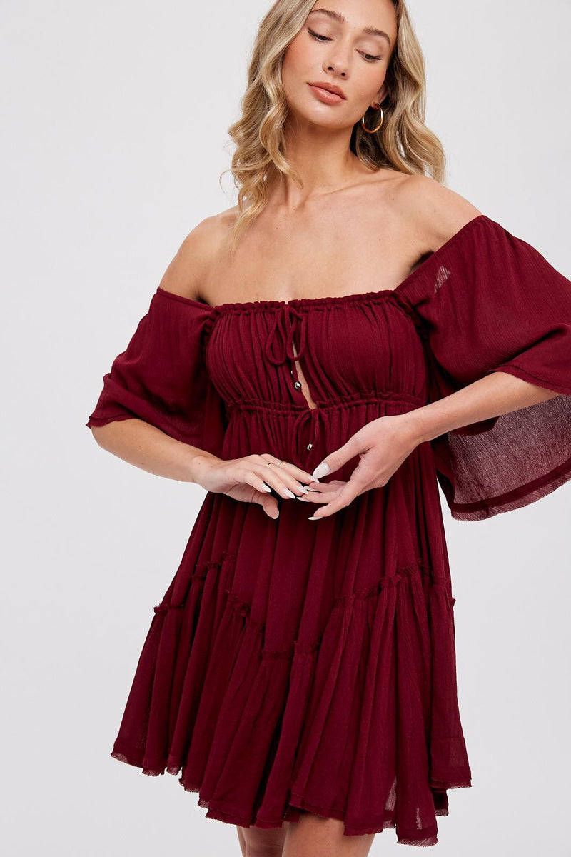 Burgundy Ruffle Hem Ruched Mini Dress PinkBlush Burgundy Ruffle Hem Ruched Mini Dress PinkBlush